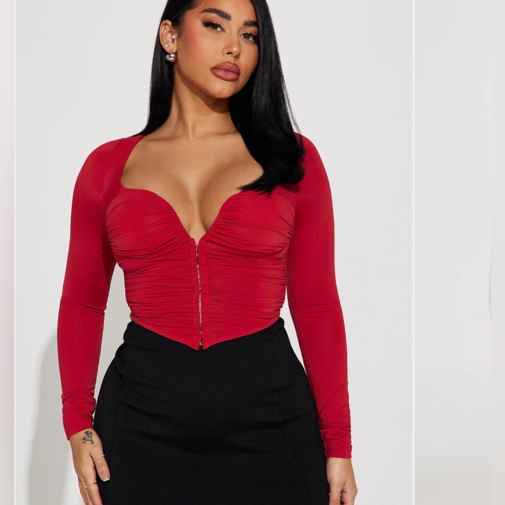 Fashion Nova Red Ruched Long Sleeve Blouse